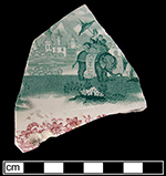 Sherd from indeterminate vessel form, printed with an exotic central motif - Printing in two or more colors introduced around 1835. Generally, the central design of a vessel would be depicted in one color, and the border in a contrasting color, with the most common color combination being red and green - Collected by George L. Miller in 1986 in Burslem.  Cannot be attributed to a specific pottery. 